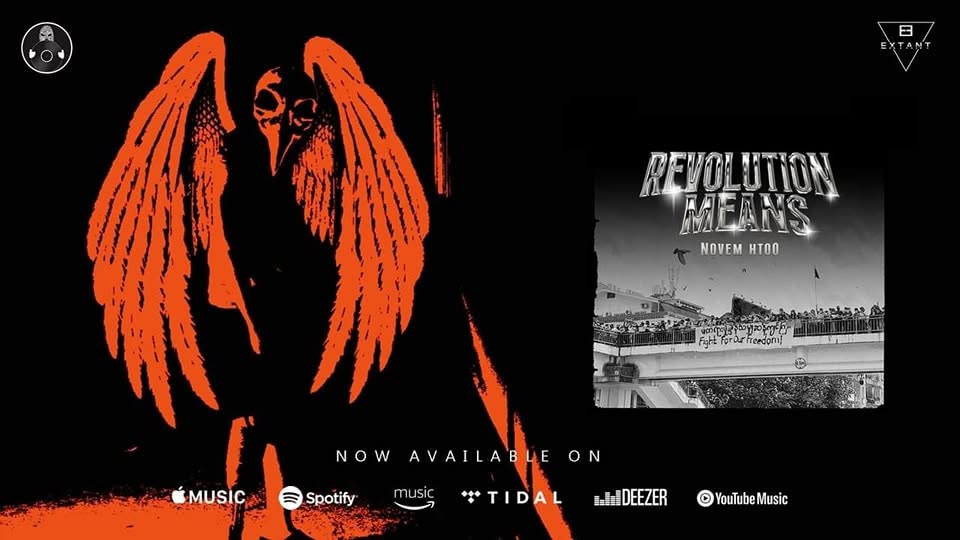Revolution Means release artwork — orange winged figure beside the single's cover